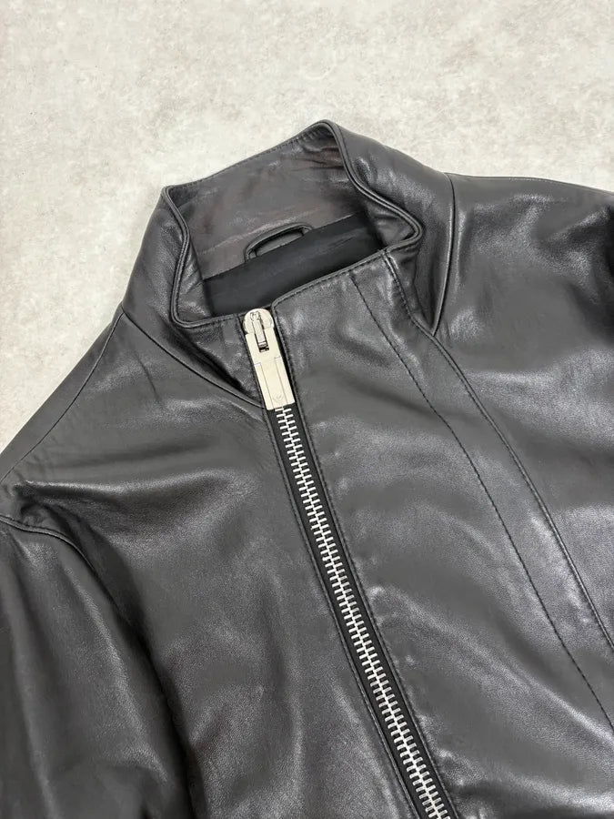 FW2015 Emporio Armani Biker Black Leather Asymmetrical Zip Jacket JtMVlxl 4
