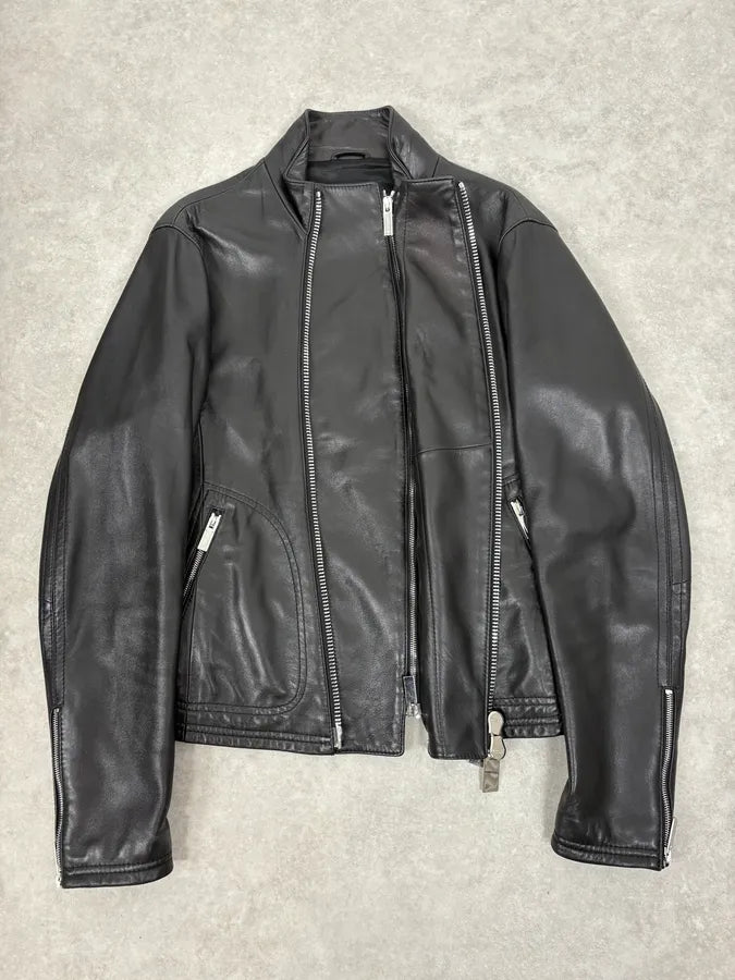 FW2015 Emporio Armani Biker Black Leather Asymmetrical Zip Jacket JtMVlxl 7