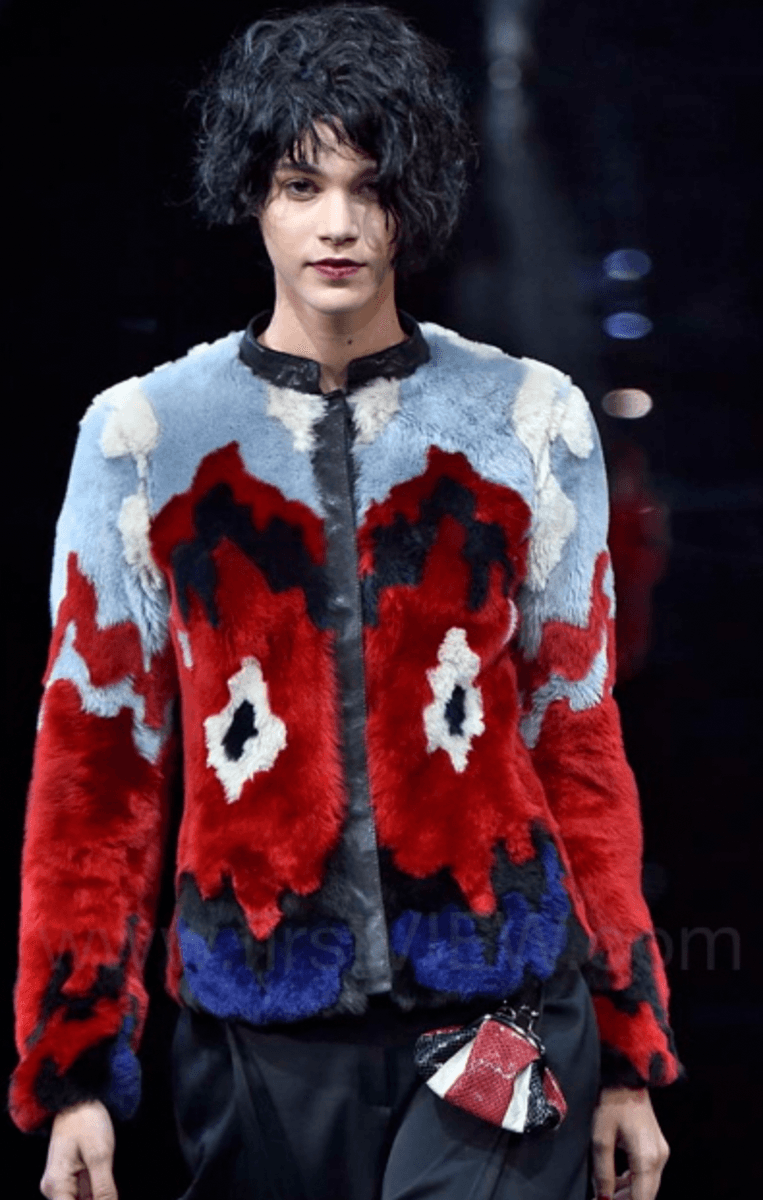 FW2015 Emporio Armani Red & Blue Abstract Lamb Shearling Jacket bNNBBvS 1