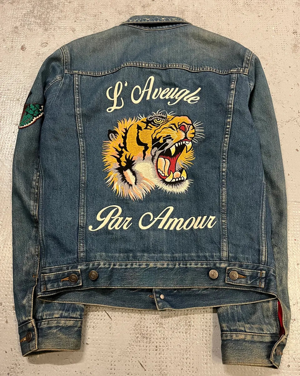 FW2015 Gucci Blue Denim Embroidered Tiger Denim Jacket xoKuzsn 0