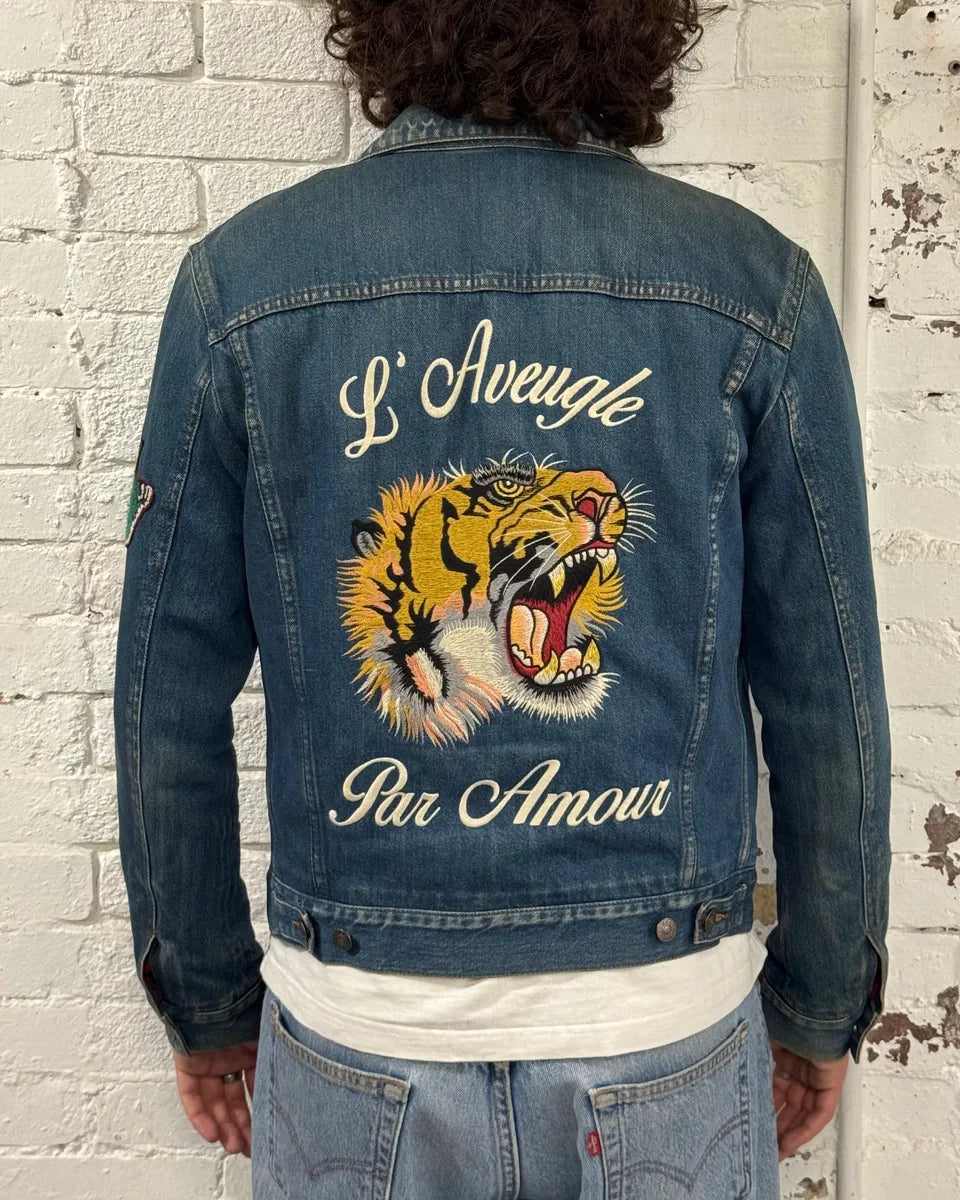 FW2015 Gucci Blue Denim Embroidered Tiger Denim Jacket xoKuzsn 3