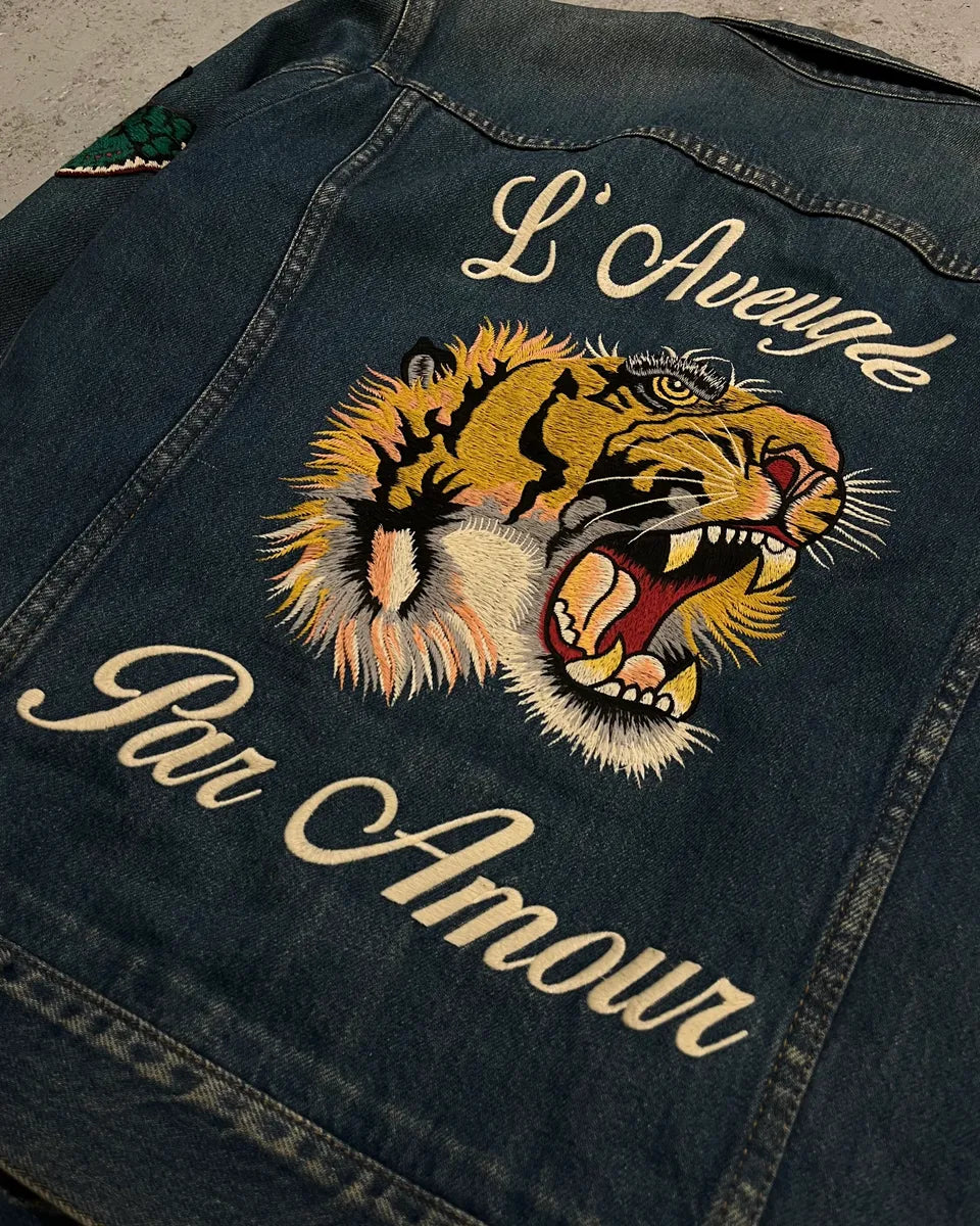 FW2015 Gucci Blue Denim Embroidered Tiger Denim Jacket xoKuzsn 8