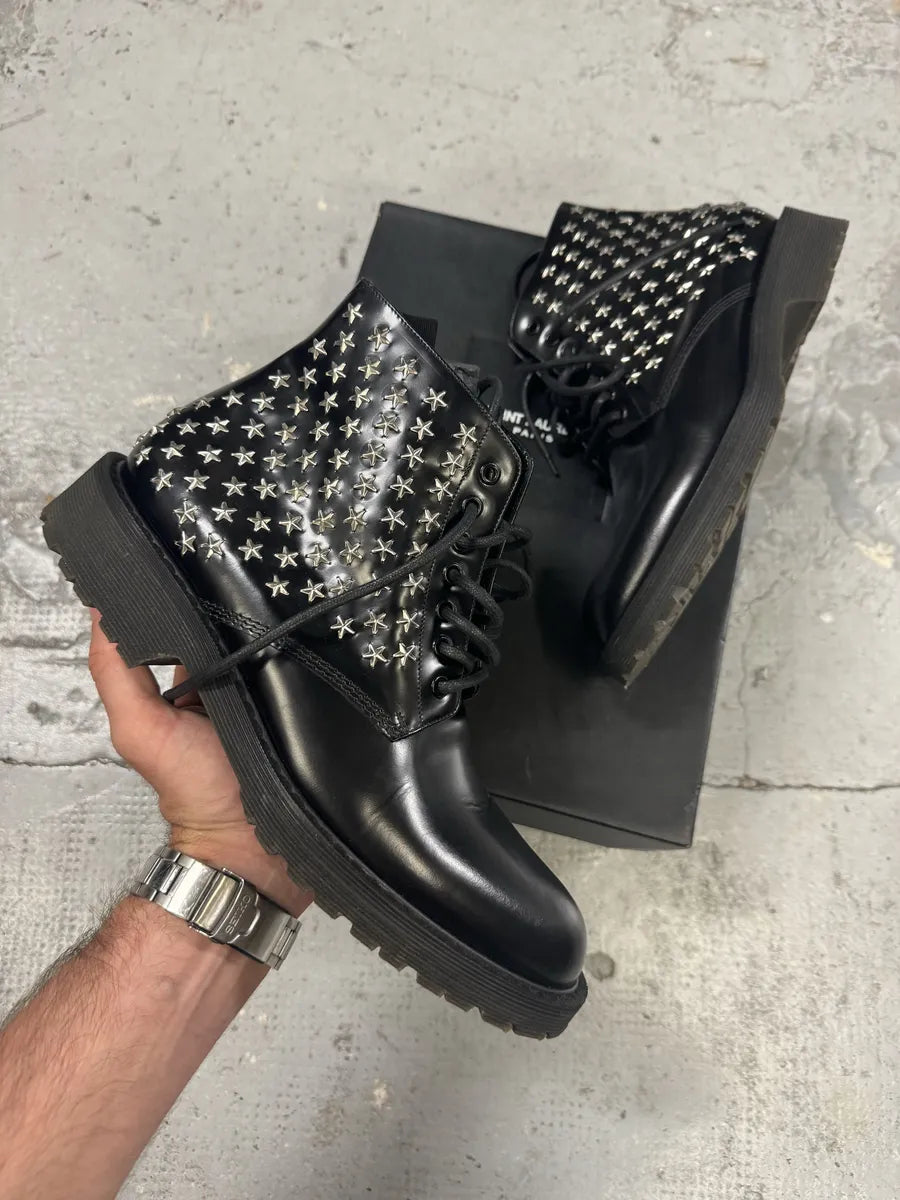 FW2015 Saint Laurent Black Studded Stars Leather Boots by Hedi Slimane SPChmQs 0