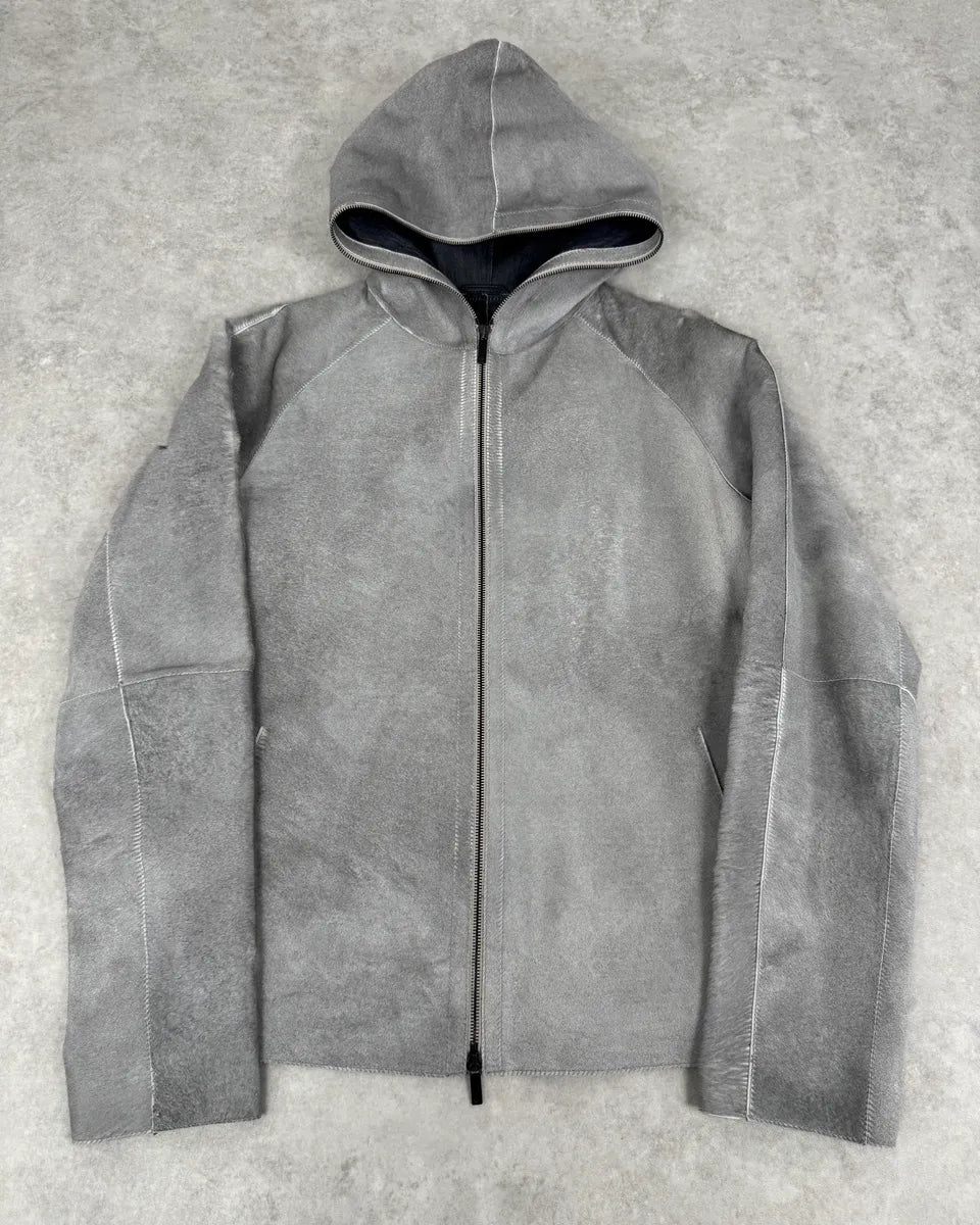 FW2016 Emporio Armani Grey Silver Pony Hair Hooded Leather Jacket GDrvbwZ 0