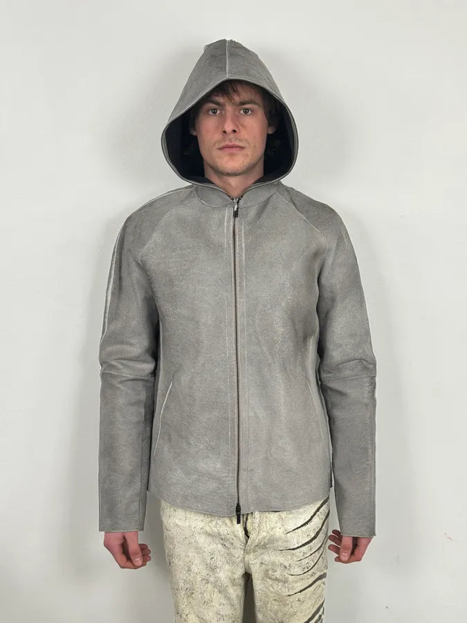 FW2016 Emporio Armani Grey Silver Pony Hair Hooded Leather Jacket GDrvbwZ 2