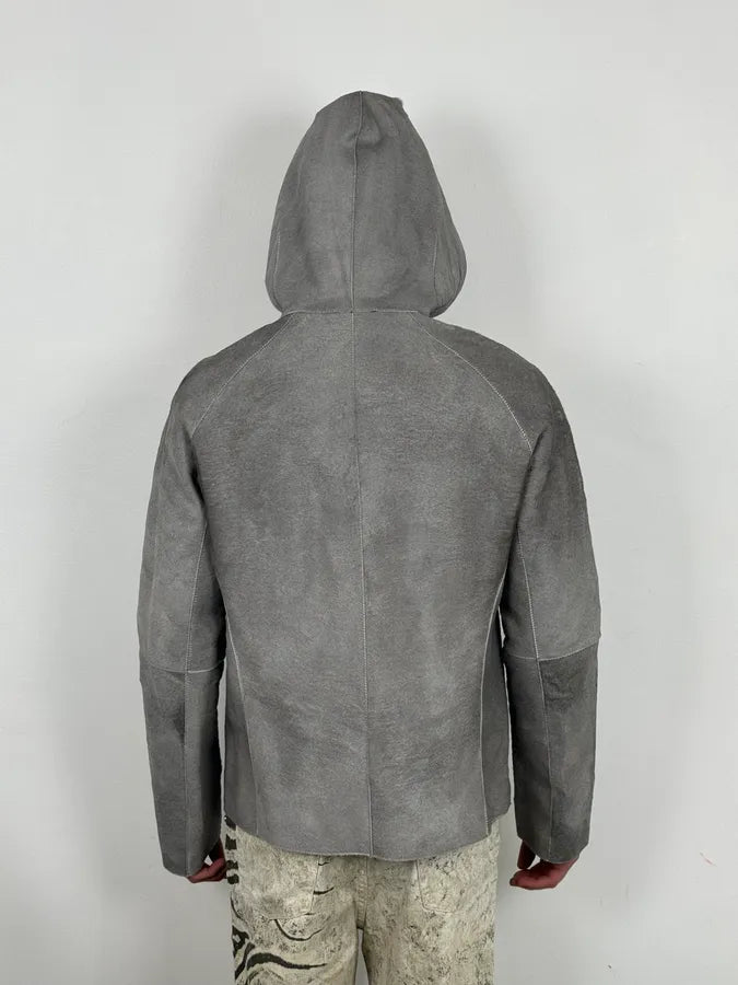 FW2016 Emporio Armani Grey Silver Pony Hair Hooded Leather Jacket GDrvbwZ 3