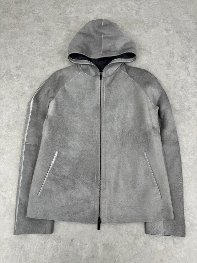 FW2016 Emporio Armani Grey Silver Pony Hair Hooded Leather Jacket GDrvbwZ 4