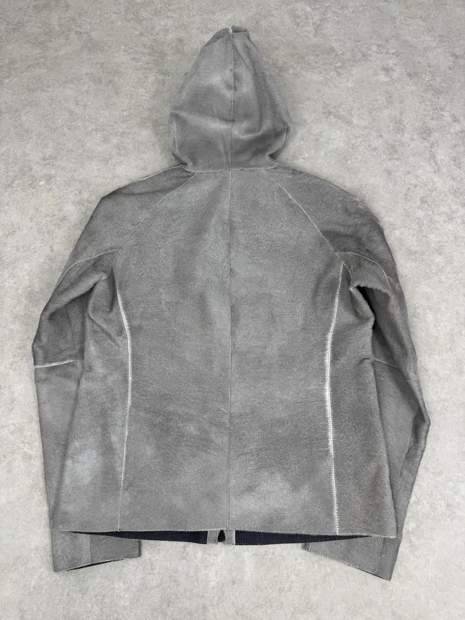 FW2016 Emporio Armani Grey Silver Pony Hair Hooded Leather Jacket GDrvbwZ 5