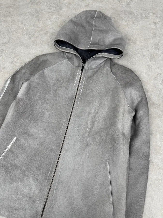 FW2016 Emporio Armani Grey Silver Pony Hair Hooded Leather Jacket GDrvbwZ 6