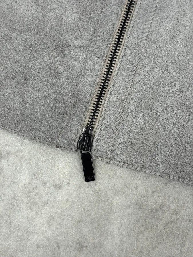 FW2016 Emporio Armani Grey Silver Pony Hair Hooded Leather Jacket GDrvbwZ 8