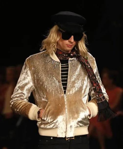FW2016 Saint Laurent Beige Velvet Crystal Sunray Embellished Bomber Jacket by Hedi Slimane OOGUXYEq 1