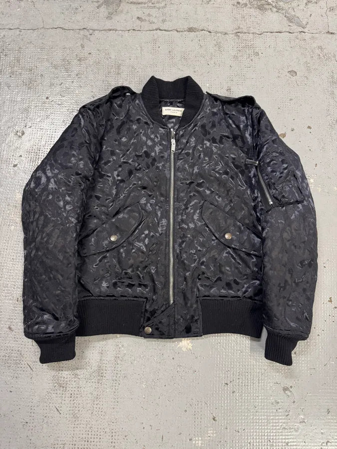FW2016 Saint Laurent Black Bomber Nylon Leopard Print Jacket jKKxbUn 0