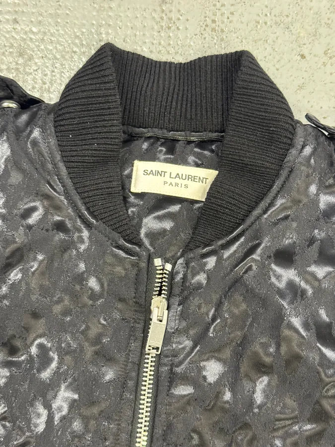 FW2016 Saint Laurent Black Bomber Nylon Leopard Print Jacket jKKxbUn 10