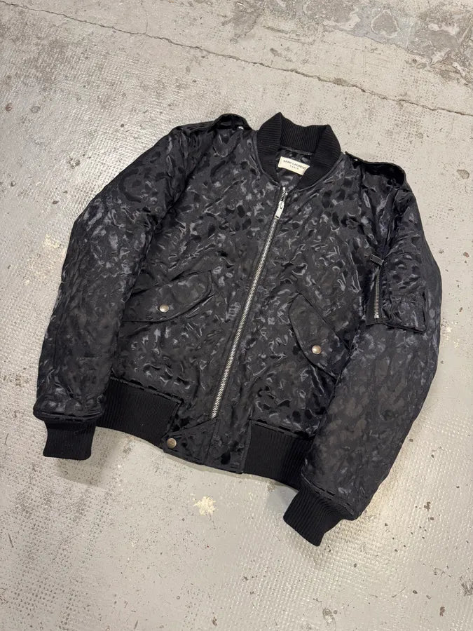 FW2016 Saint Laurent Black Bomber Nylon Leopard Print Jacket jKKxbUn 2
