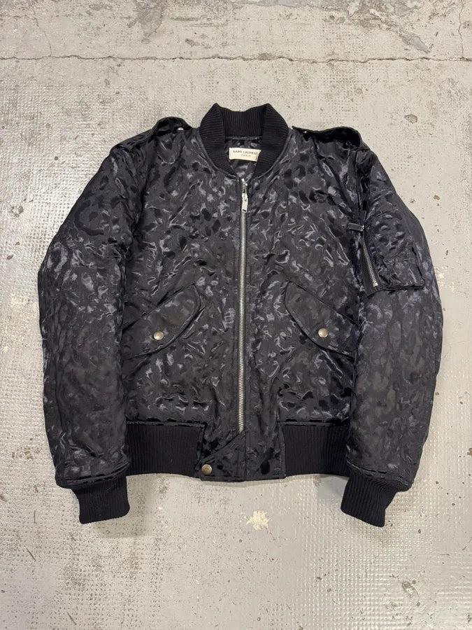 FW2016 Saint Laurent Black Bomber Nylon Leopard Print Jacket jKKxbUn 6