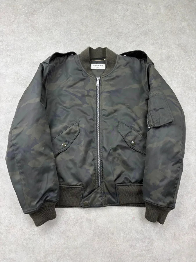 FW2016 Saint Laurent Green Camo Nylon Bomber Jacket AcpFMuZ 0