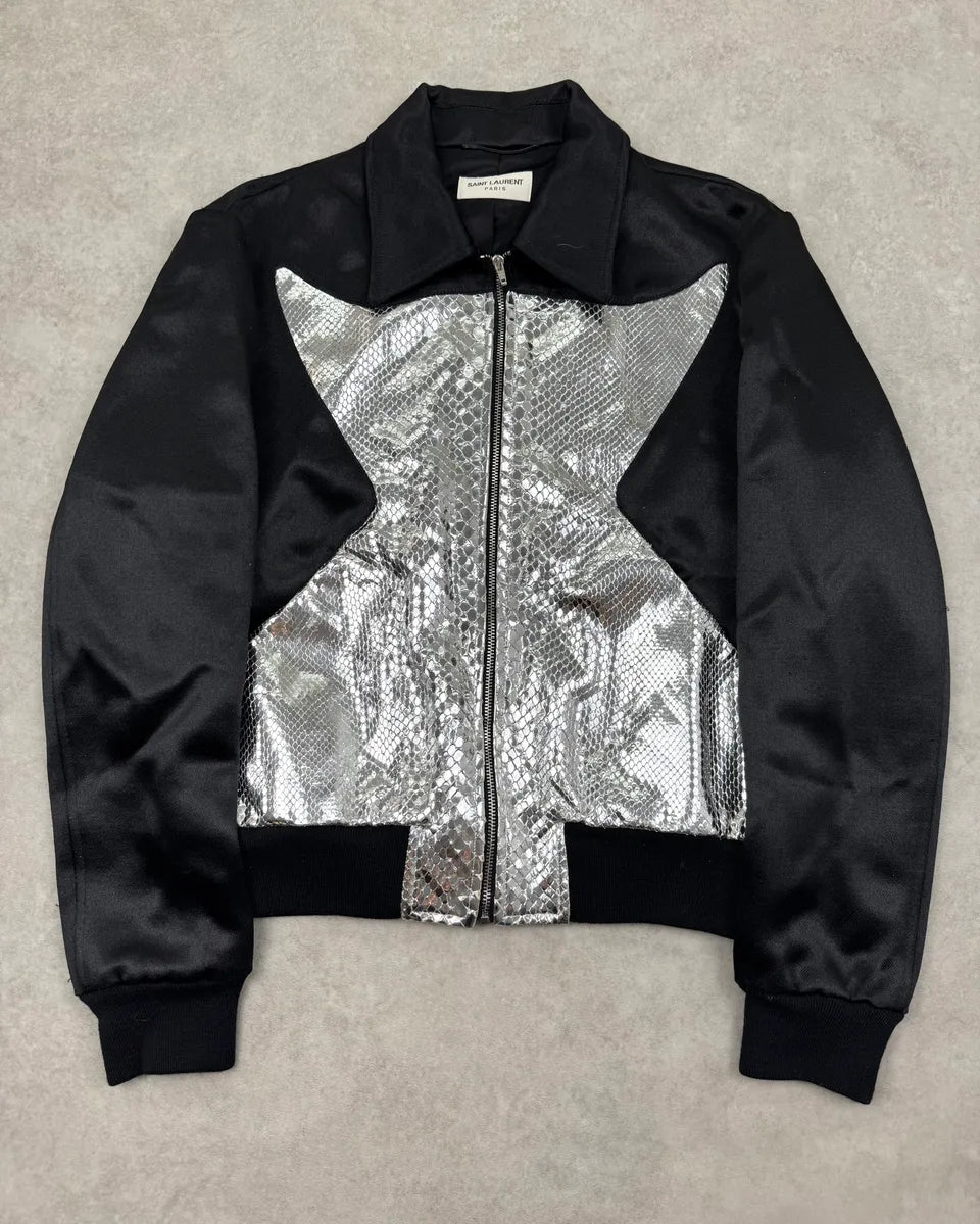 FW2016 Saint Laurent Silver Python-Embossed Sample Black Bomber Jacket HNBAVar 0