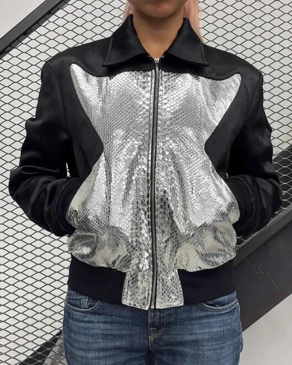 FW2016 Saint Laurent Silver Python-Embossed Sample Black Bomber Jacket HNBAVar 1