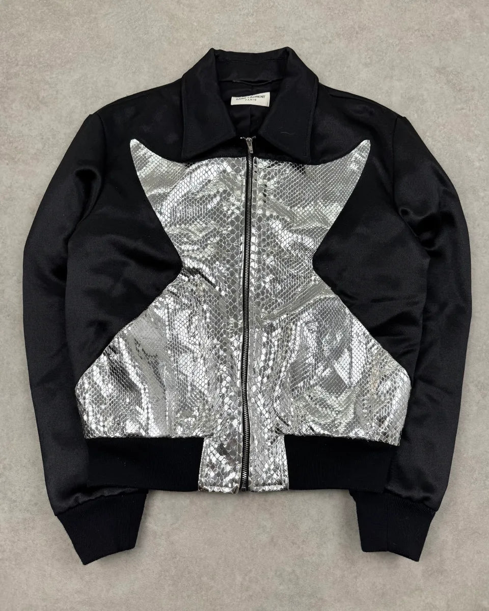 FW2016 Saint Laurent Silver Python-Embossed Sample Black Bomber Jacket HNBAVar 3