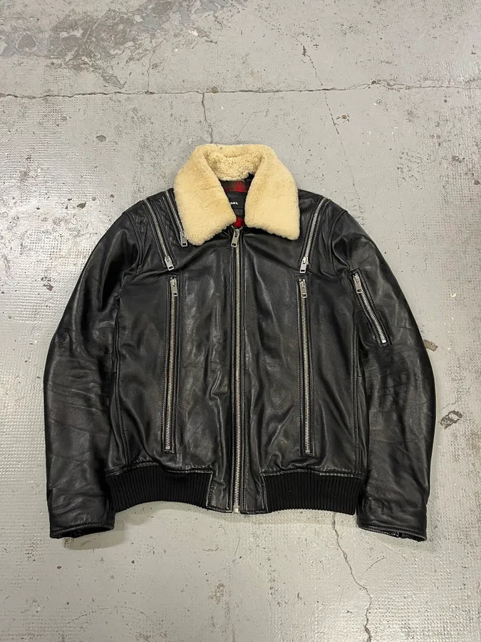 FW2017 Diesel Multi Zip Shearling Collar Black Leather Jacket oFPSfyv 0