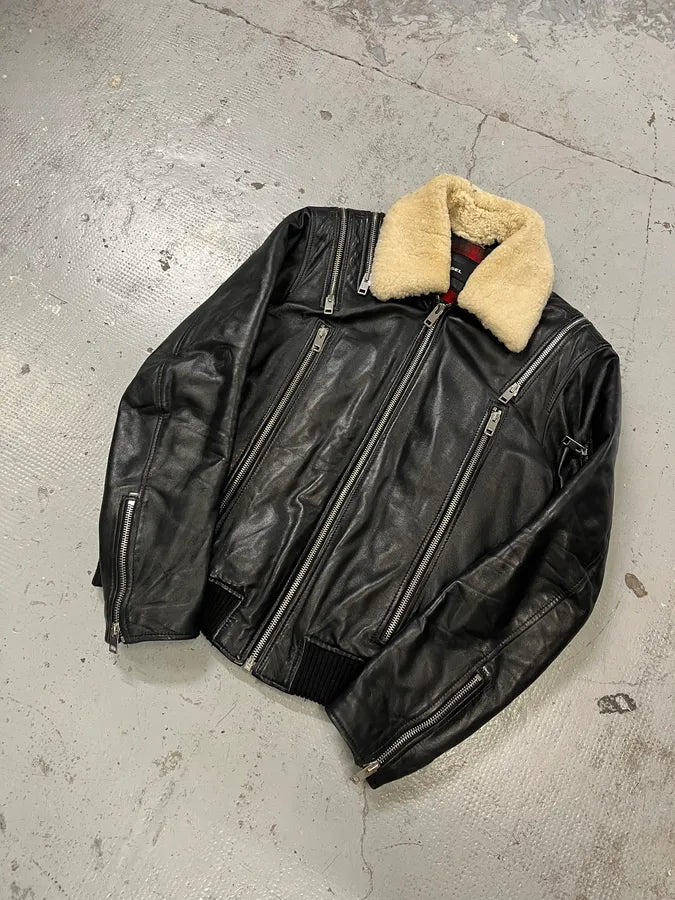 FW2017 Diesel Multi Zip Shearling Collar Black Leather Jacket oFPSfyv 3
