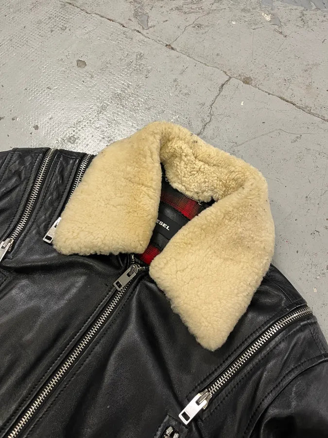 FW2017 Diesel Multi Zip Shearling Collar Black Leather Jacket oFPSfyv 4