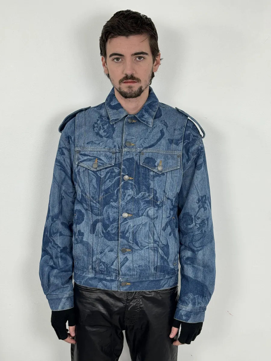 FW2017 Moschino Tattooed Horse Print Blue Denim Jacket osmLYGX 3