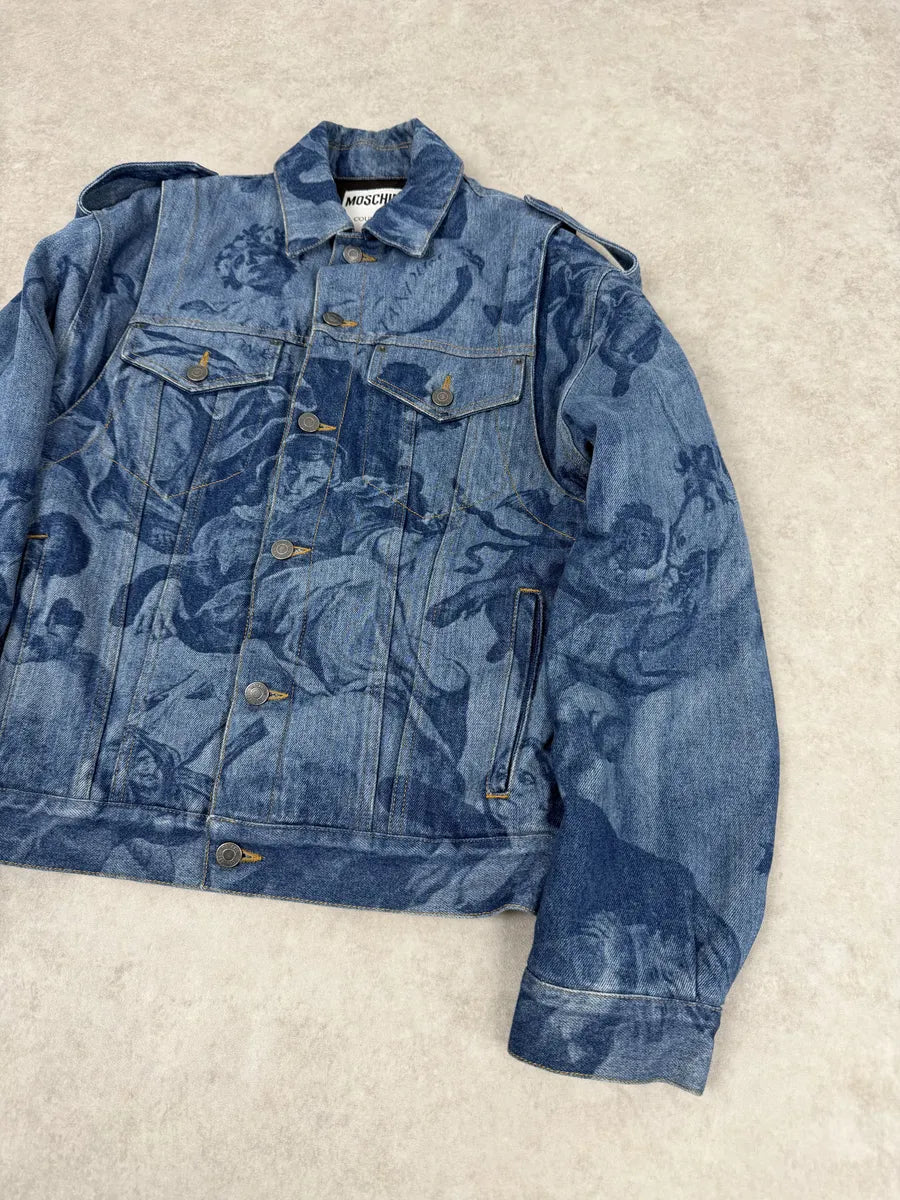 FW2017 Moschino Tattooed Horse Print Blue Denim Jacket osmLYGX 7