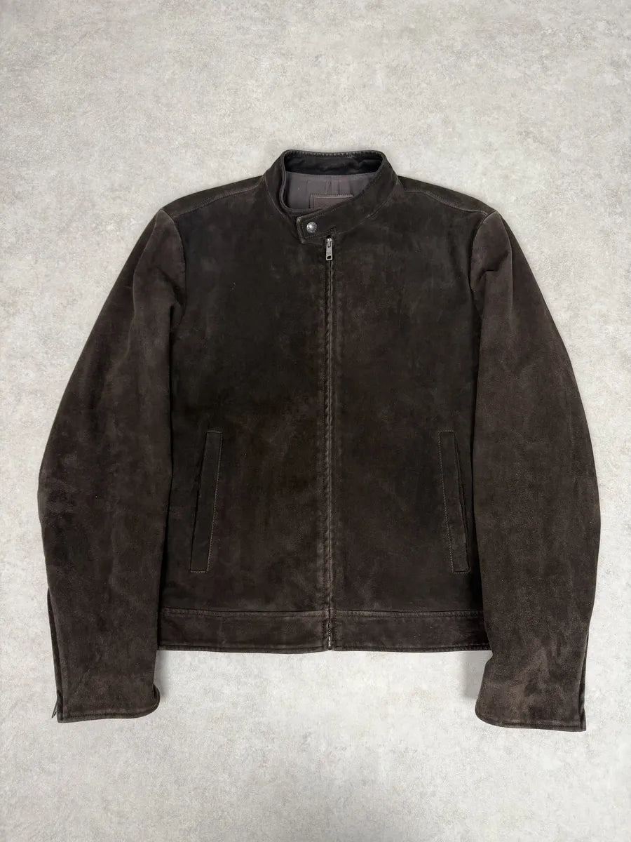 FW2017 Prada Brown Pure Minimalist Suede Biker Leather Jacket jTCuVUA 0