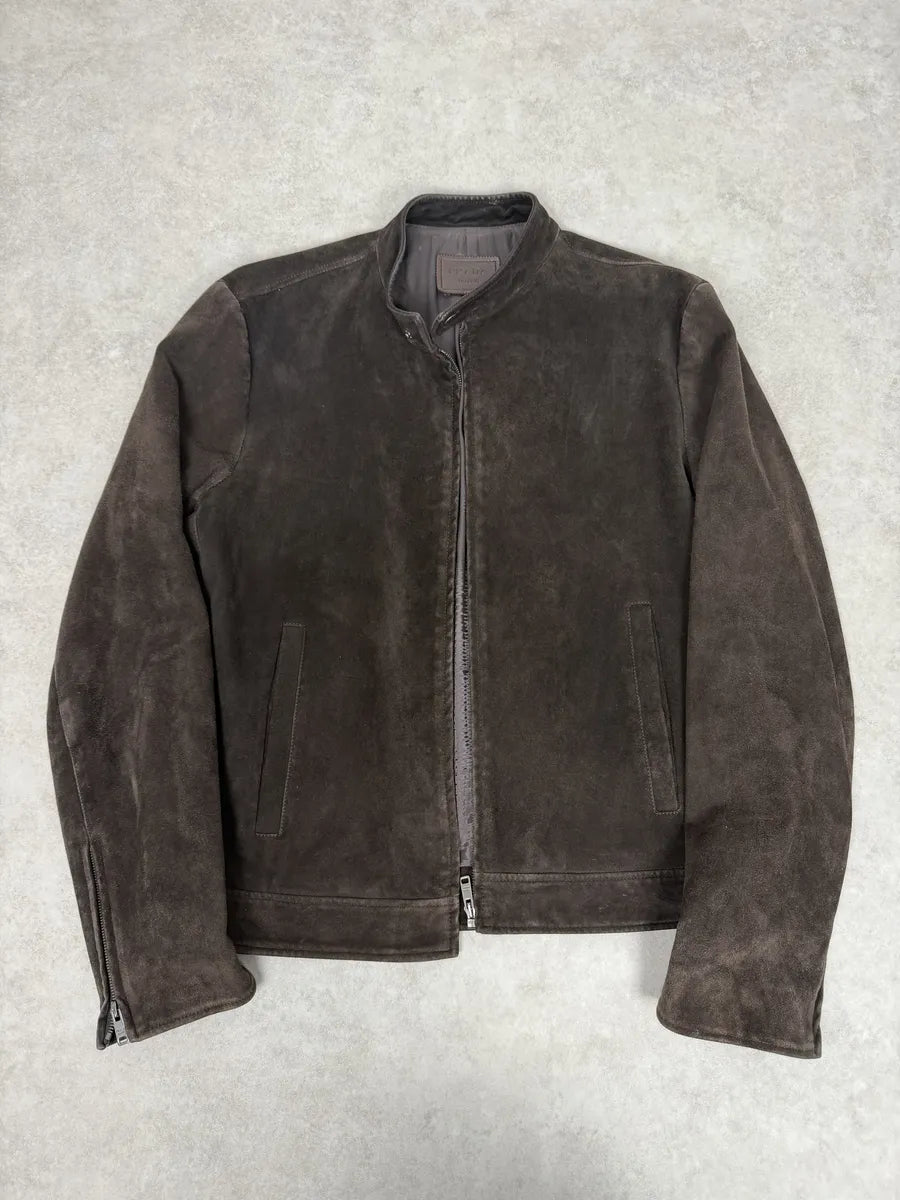 FW2017 Prada Brown Pure Minimalist Suede Biker Leather Jacket jTCuVUA 2