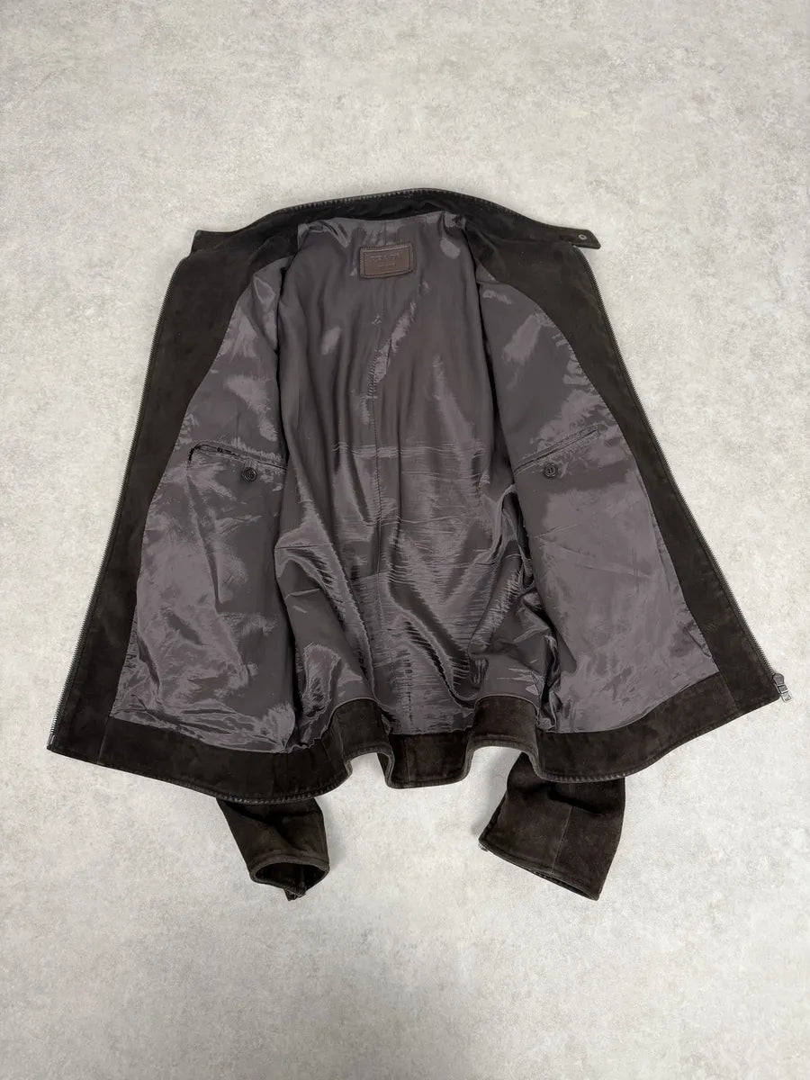 FW2017 Prada Brown Pure Minimalist Suede Biker Leather Jacket jTCuVUA 3