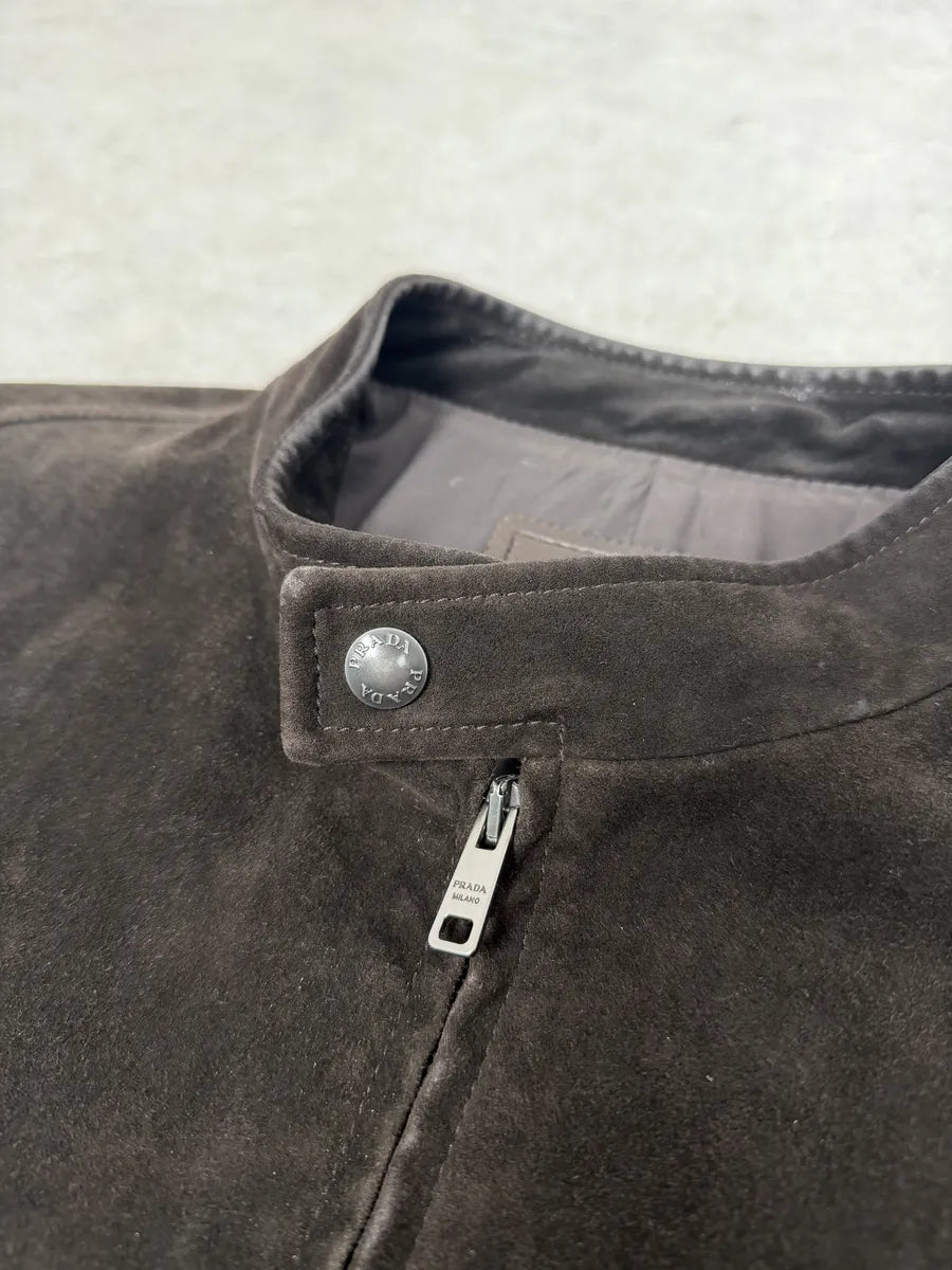 FW2017 Prada Brown Pure Minimalist Suede Biker Leather Jacket jTCuVUA 7