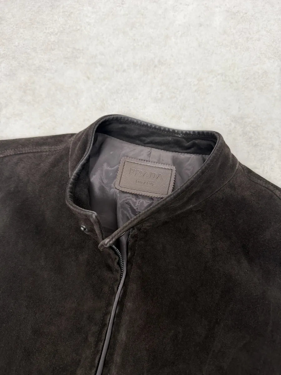 FW2017 Prada Brown Pure Minimalist Suede Biker Leather Jacket jTCuVUA 8