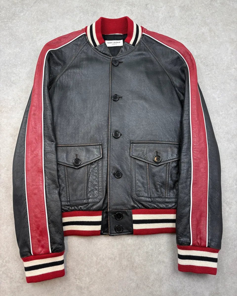 FW2017 Saint Laurent Black & Red Leather Striped Biker Jacket LwxJgxq 0