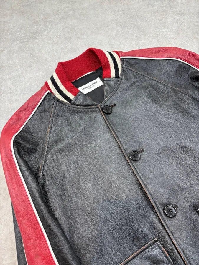 FW2017 Saint Laurent Black & Red Leather Striped Biker Jacket LwxJgxq 4
