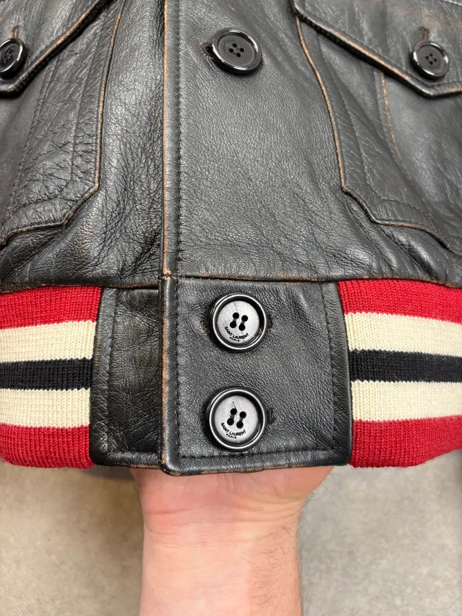 FW2017 Saint Laurent Black & Red Leather Striped Biker Jacket LwxJgxq 8