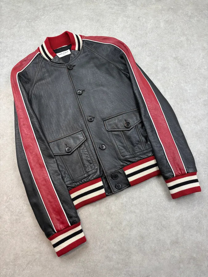 FW2017 Saint Laurent Black & Red Leather Striped Biker Jacket LwxJgxq 3