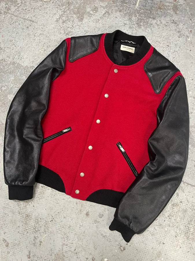 FW2017 Saint Laurent Red & Black Heaven Leather Teddy Bomber Jacket (L) zCbkooE 3