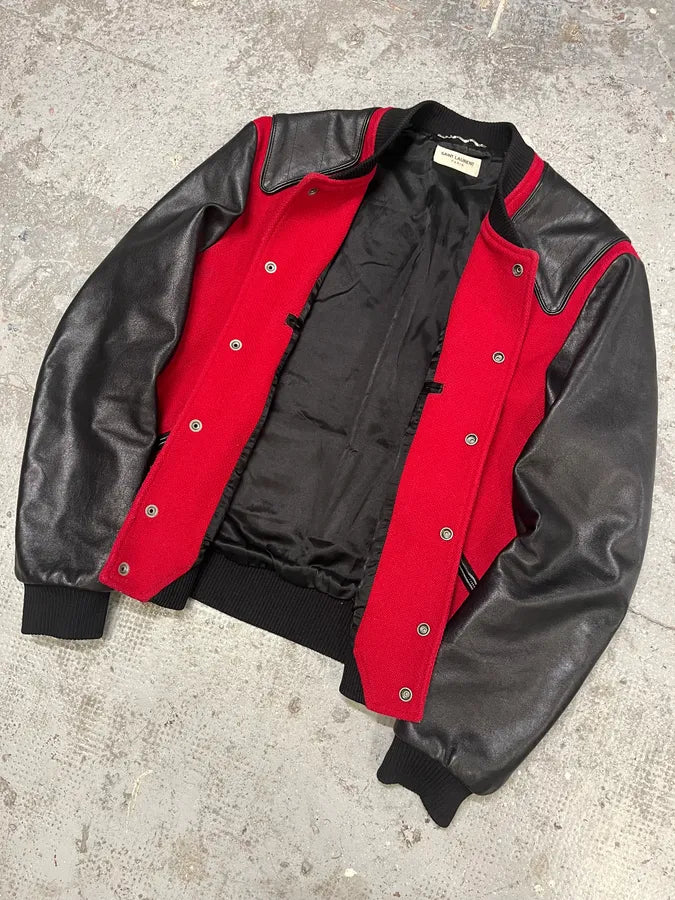 FW2017 Saint Laurent Red & Black Heaven Leather Teddy Bomber Jacket (L) zCbkooE 4