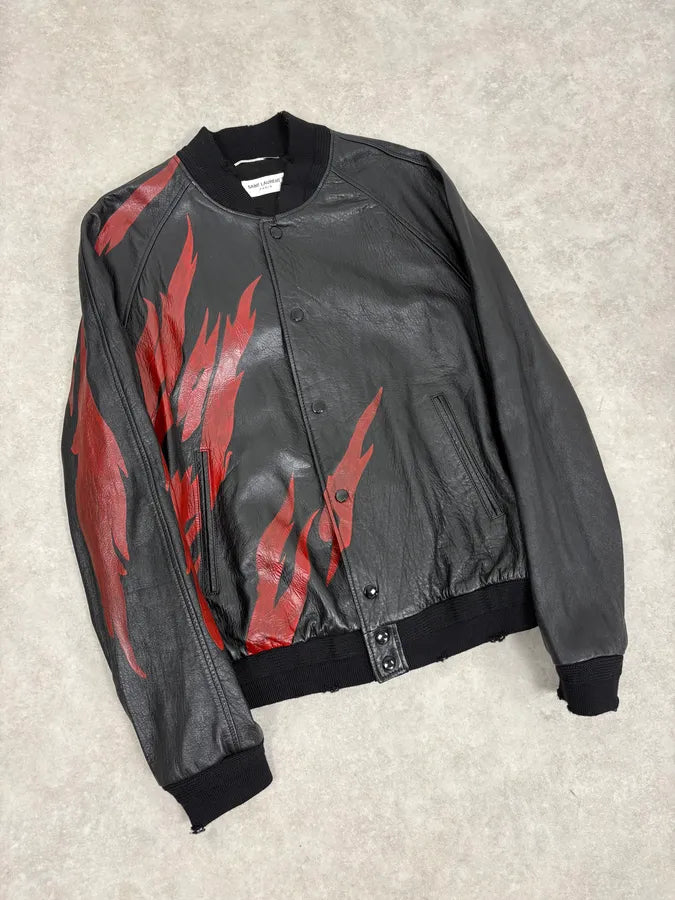 FW2017 Saint Laurent Red Flames Black Leather Bombers Jacket HkhuYMT 3