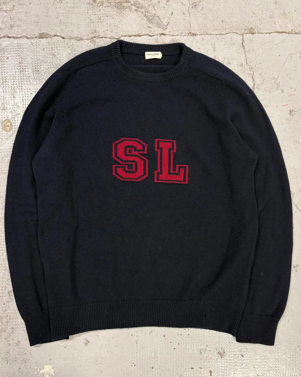 FW2017 Saint Laurent Navy SL Logo University Wool Sweater dLKPoRN 1