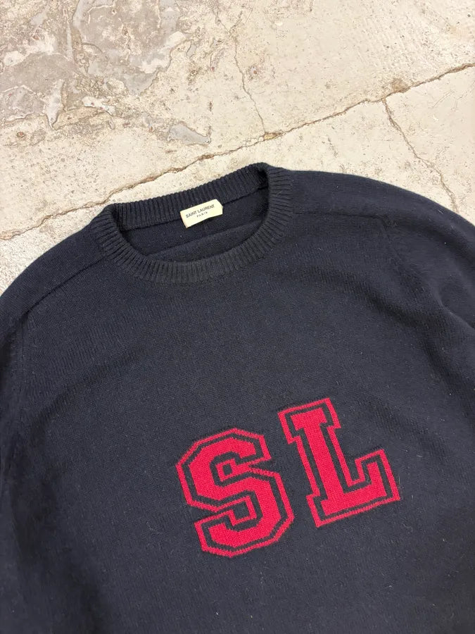 FW2017 Saint Laurent Navy SL Logo University Wool Sweater dLKPoRN 4