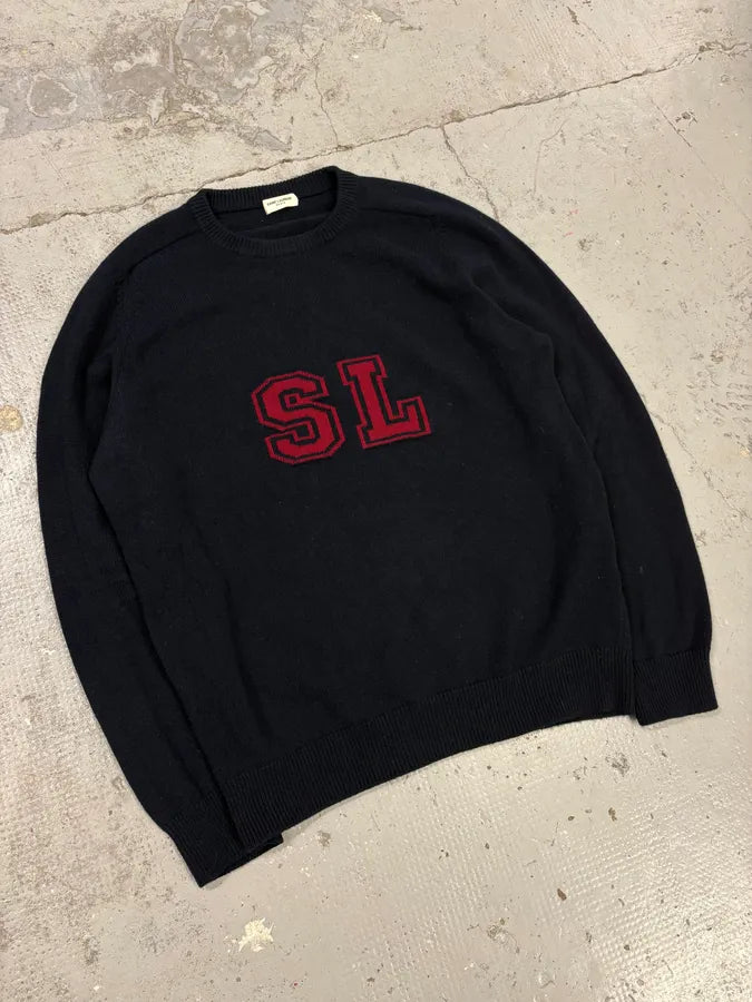 FW2017 Saint Laurent Navy SL Logo University Wool Sweater dLKPoRN 2