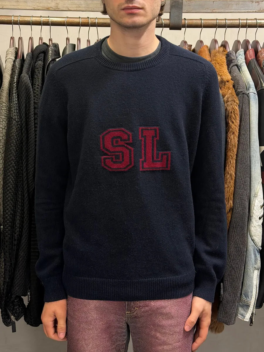 FW2017 Saint Laurent Navy SL Logo University Wool Sweater dLKPoRN 0