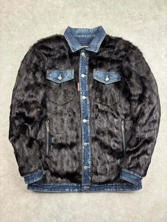 FW2018 Dsquared2 Black Denim Faux Fur-Lined Denim Jacket VMkYRLi 0