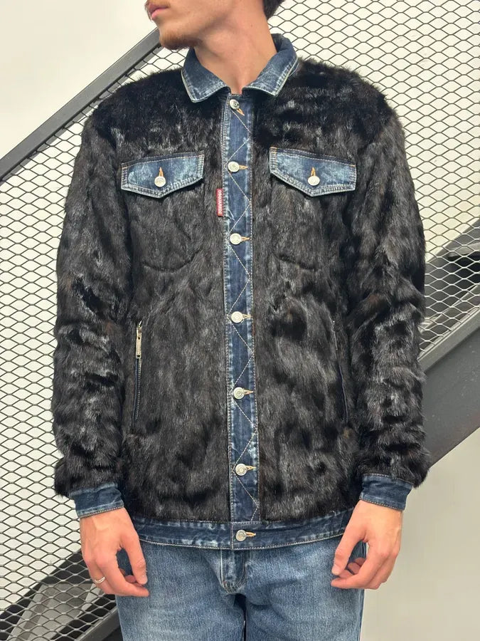 FW2018 Dsquared2 Black Denim Faux Fur-Lined Denim Jacket VMkYRLi 1