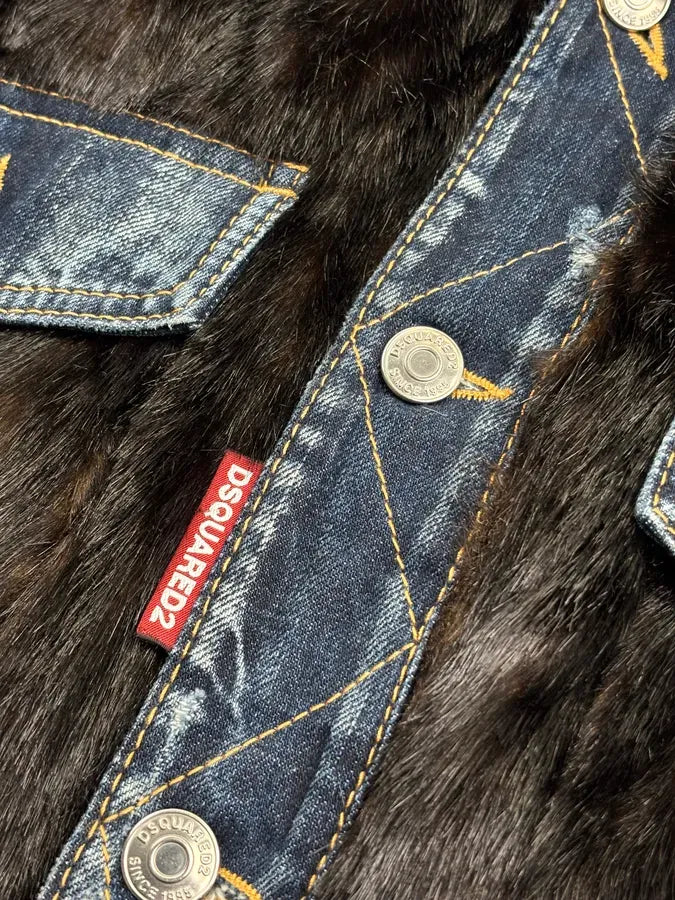 FW2018 Dsquared2 Black Denim Faux Fur-Lined Denim Jacket VMkYRLi 4