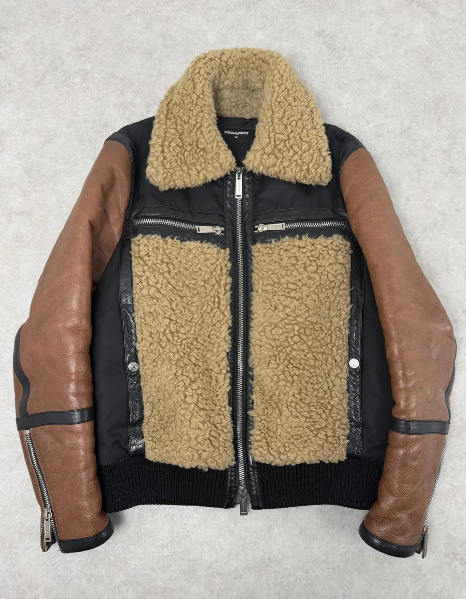 FW2018 Dsquared2 Brown & Black Beige Shearling Leather Alpha Jacket hjKIUSX 0