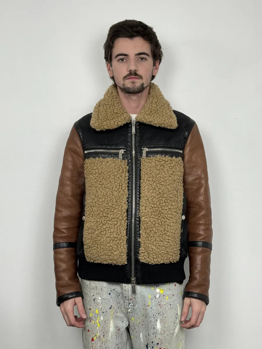FW2018 Dsquared2 Brown & Black Beige Shearling Leather Alpha Jacket hjKIUSX 3