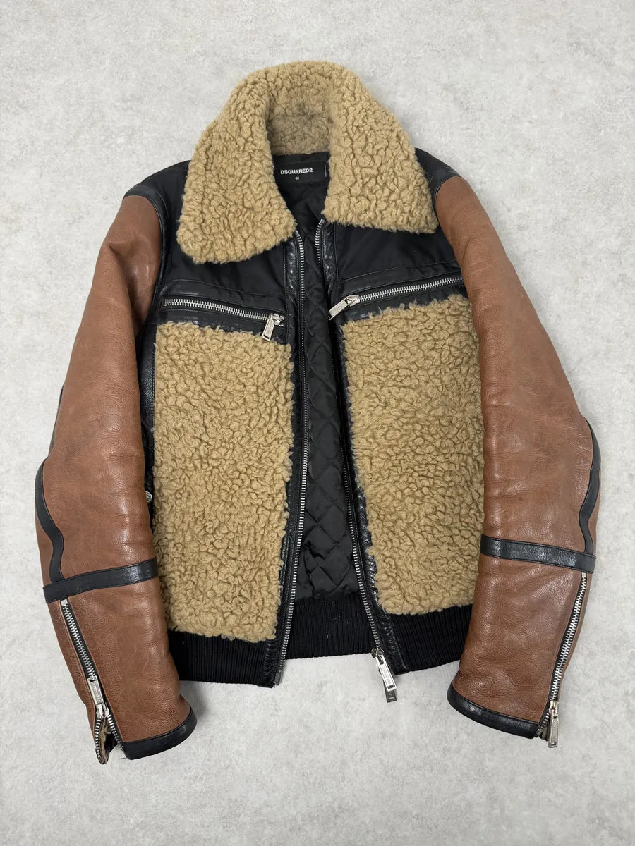 FW2018 Dsquared2 Brown & Black Beige Shearling Leather Alpha Jacket hjKIUSX 5
